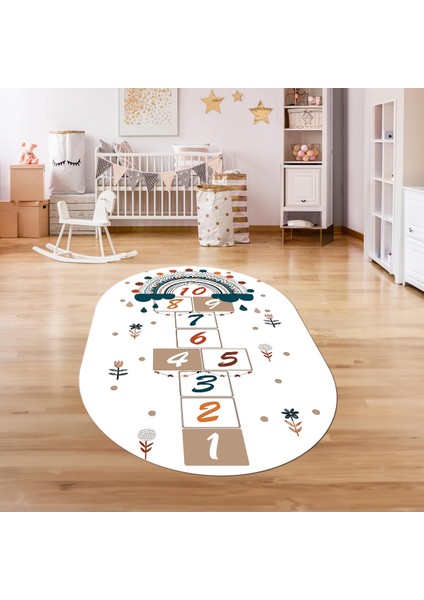 Dijital Baskılı Kaymaz Yıkanabilir Eğlenceli Eğitici Oval Çocuk Odası Halısı, N-O-Çocuk-30-Beyaz, fiyatları