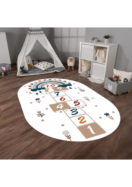 Dijital Baskılı Kaymaz Yıkanabilir Eğlenceli Eğitici Oval Çocuk Odası Halısı, N-O-Çocuk-30-Beyaz, modelleri