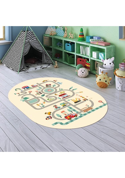 Dijital Baskılı Kaymaz Yıkanabilir Eğlenceli Eğitici Oval Çocuk Odası Halısı, N-O-Çocuk-48-Krem,