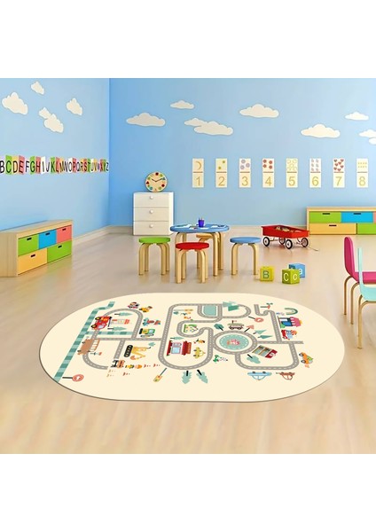 Dijital Baskılı Kaymaz Yıkanabilir Eğlenceli Eğitici Oval Çocuk Odası Halısı, N-O-Çocuk-48-Krem, fiyatları