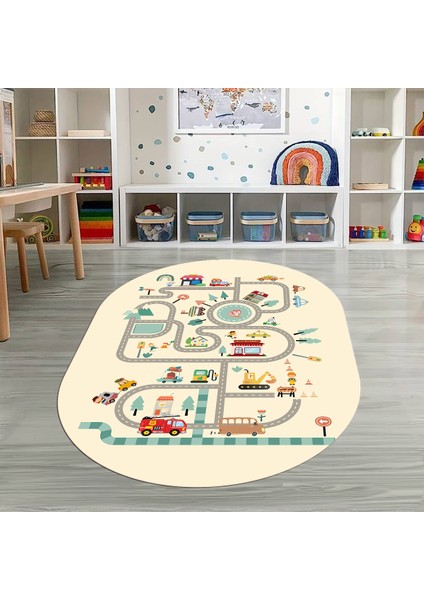 Dijital Baskılı Kaymaz Yıkanabilir Eğlenceli Eğitici Oval Çocuk Odası Halısı, N-O-Çocuk-48-Krem, modelleri
