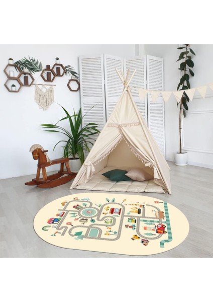Dijital Baskılı Kaymaz Yıkanabilir Eğlenceli Eğitici Oval Çocuk Odası Halısı, N-O-Çocuk-48-Krem, indirimleri