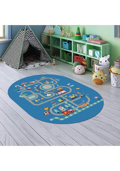 Dijital Baskılı Kaymaz Yıkanabilir Eğlenceli Eğitici Oval Çocuk Odası Halısı, N-O-Çocuk-48-Mavi,