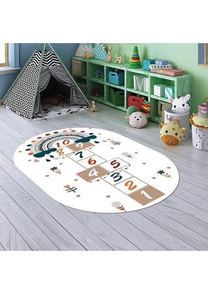 Dijital Baskılı Kaymaz Yıkanabilir Eğlenceli Eğitici Oval Çocuk Odası Halısı, N-O-Çocuk-30-Beyaz, fırsatları