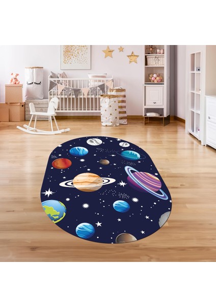 Dijital Baskılı Kaymaz Yıkanabilir Eğlenceli Eğitici Oval Çocuk Odası Halısı, N-O-Çocuk-38-Lacivert,