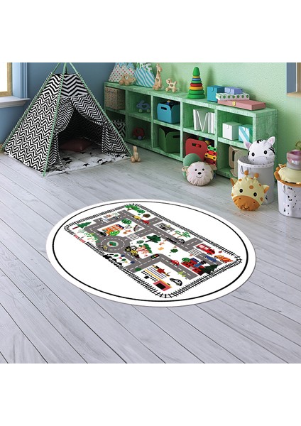 Dijital Baskılı Kaymaz Yıkanabilir Eğlenceli Yuvarlak Çocuk Odası Halısı, N-Y-Çocuk-46-Beyaz,