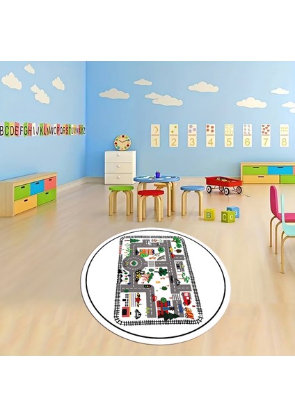 Dijital Baskılı Kaymaz Yıkanabilir Eğlenceli Yuvarlak Çocuk Odası Halısı, N-Y-Çocuk-46-Beyaz,