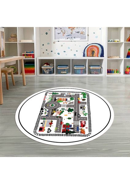 Dijital Baskılı Kaymaz Yıkanabilir Eğlenceli Yuvarlak Çocuk Odası Halısı, N-Y-Çocuk-46-Beyaz,