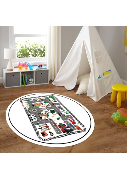 Dijital Baskılı Kaymaz Yıkanabilir Eğlenceli Yuvarlak Çocuk Odası Halısı, N-Y-Çocuk-46-Beyaz,
