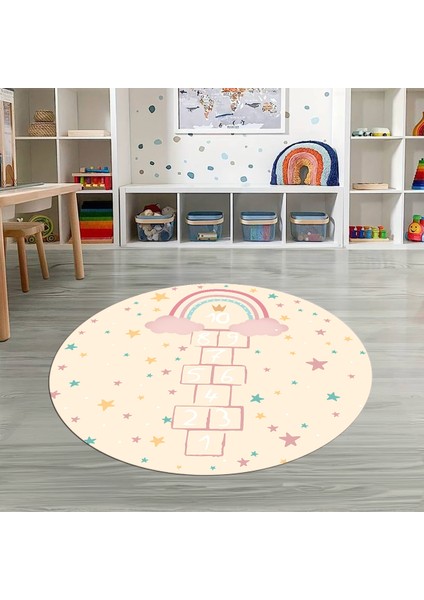 Dijital Baskılı Kaymaz Yıkanabilir Eğlenceli Yuvarlak Çocuk Odası Halısı, N-Y-Çocuk-12-Krem,