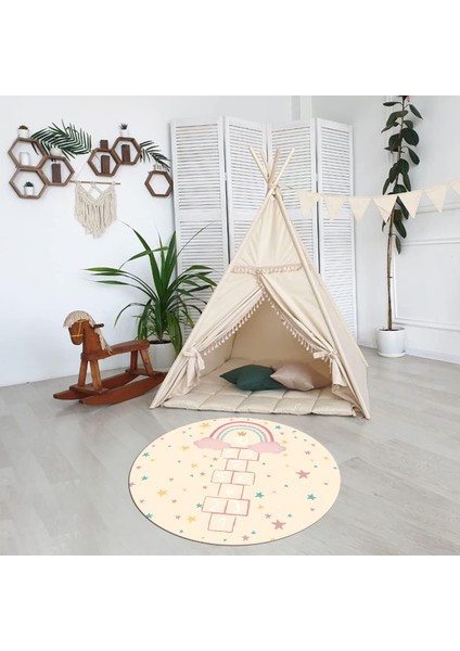 Dijital Baskılı Kaymaz Yıkanabilir Eğlenceli Yuvarlak Çocuk Odası Halısı, N-Y-Çocuk-12-Krem, modelleri