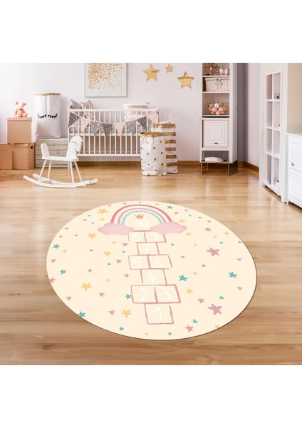 Dijital Baskılı Kaymaz Yıkanabilir Eğlenceli Yuvarlak Çocuk Odası Halısı, N-Y-Çocuk-12-Krem, indirimleri