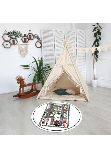 Dijital Baskılı Kaymaz Yıkanabilir Eğlenceli Yuvarlak Çocuk Odası Halısı, N-Y-Çocuk-46-Beyaz,