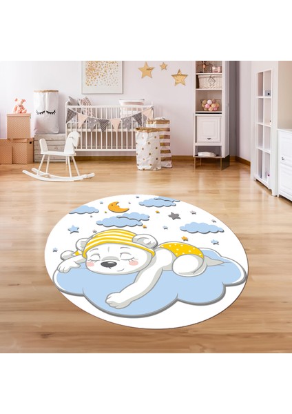 Dijital Baskılı Kaymaz Yıkanabilir Eğlenceli Yuvarlak Çocuk Odası Halısı, N-Y-Çocuk-34-Mavi,