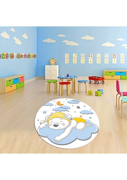 Dijital Baskılı Kaymaz Yıkanabilir Eğlenceli Yuvarlak Çocuk Odası Halısı, N-Y-Çocuk-34-Mavi,