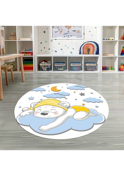 Dijital Baskılı Kaymaz Yıkanabilir Eğlenceli Yuvarlak Çocuk Odası Halısı, N-Y-Çocuk-34-Mavi,