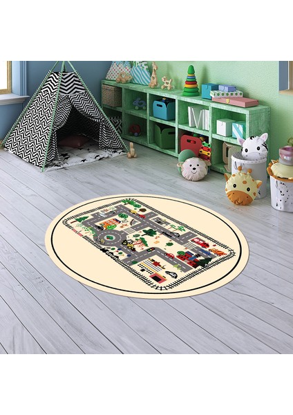 Dijital Baskılı Kaymaz Yıkanabilir Eğlenceli Yuvarlak Çocuk Odası Halısı, N-Y-Çocuk-46-Krem,
