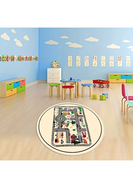 Dijital Baskılı Kaymaz Yıkanabilir Eğlenceli Yuvarlak Çocuk Odası Halısı, N-Y-Çocuk-46-Krem,