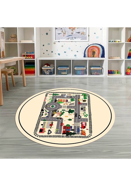 Dijital Baskılı Kaymaz Yıkanabilir Eğlenceli Yuvarlak Çocuk Odası Halısı, N-Y-Çocuk-46-Krem,