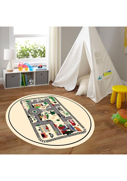 Dijital Baskılı Kaymaz Yıkanabilir Eğlenceli Yuvarlak Çocuk Odası Halısı, N-Y-Çocuk-46-Krem,