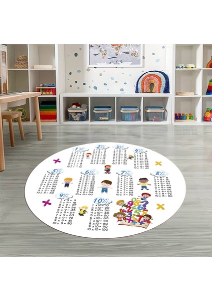 Dijital Baskılı Kaymaz Yıkanabilir Eğlenceli Yuvarlak Çocuk Odası Halısı, N-Y-Çocuk-05-Beyaz,