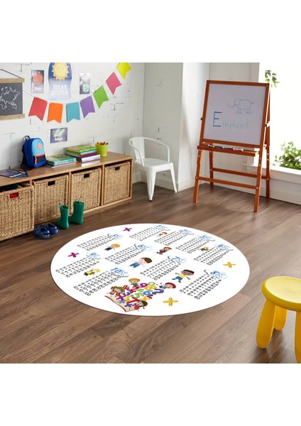 Dijital Baskılı Kaymaz Yıkanabilir Eğlenceli Yuvarlak Çocuk Odası Halısı, N-Y-Çocuk-05-Beyaz,
