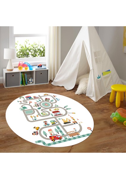 Dijital Baskılı Kaymaz Yıkanabilir Eğlenceli Yuvarlak Çocuk Odası Halısı, N-Y-Çocuk-48-Beyaz, fırsatları
