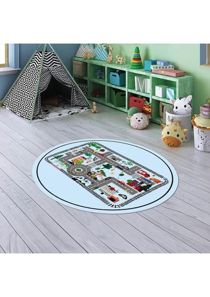 Dijital Baskılı Kaymaz Yıkanabilir Eğlenceli Yuvarlak Çocuk Odası Halısı, N-Y-Çocuk-46-Mavi,