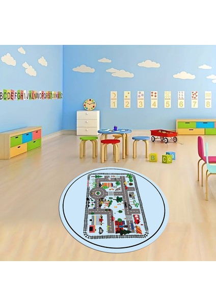 Dijital Baskılı Kaymaz Yıkanabilir Eğlenceli Yuvarlak Çocuk Odası Halısı, N-Y-Çocuk-46-Mavi, fiyatları