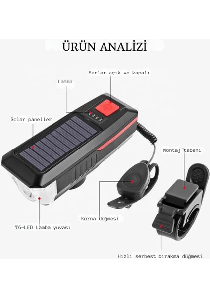 Güneş Enerejili Bisiklet Feneri Korna Su Geçirmez Solar Scooter Işık Şarj Edilebilir Ön Far (Mavi)