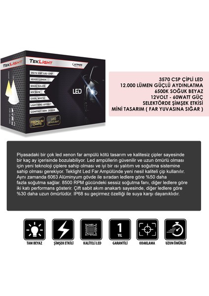 Ultimate Mini LED Xenon Far Ampulü 12000 Lümen Csp Kısa Tip Mini Slim Şimşek Etkili H4 / H7 / H1 / H11