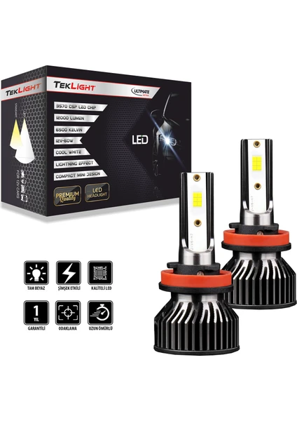 Ultimate Mini LED Xenon Far Ampulü 12000 Lümen Csp Kısa Tip Mini Slim Şimşek Etkili H4 / H7 / H1 / H11