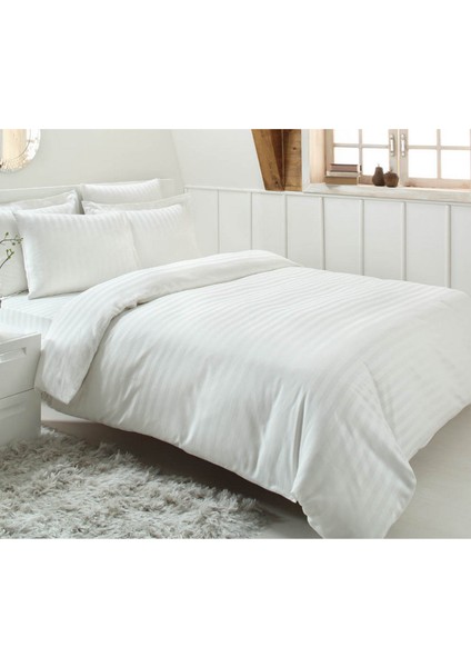 Line King Size Çizgili Saten Pamuk Nevresim Takımı Krem 220X 240 cm