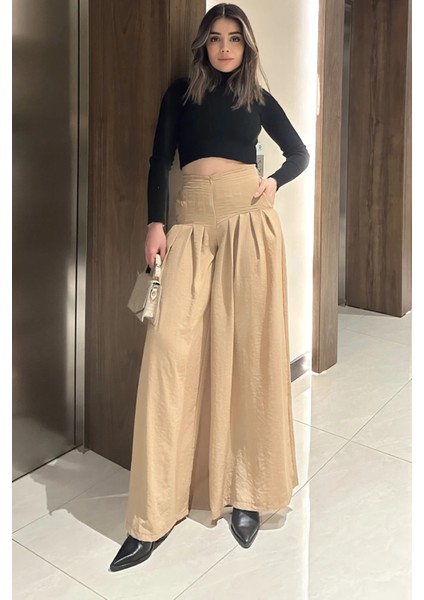Kadın Bej Fermuar Kapamalı, Cepli, Pileli Bol Paça Etek Pantolon indirimleri