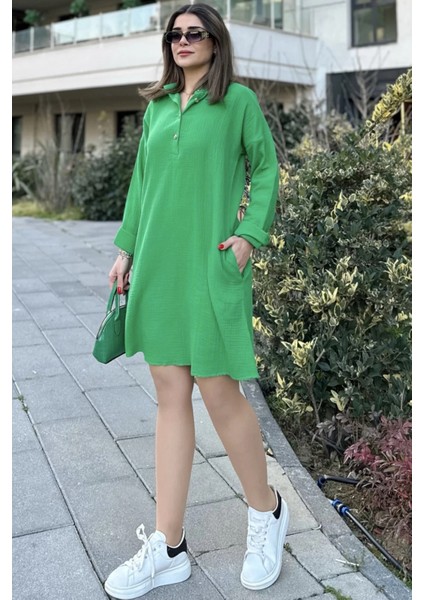 Kadın Yeşil Hakim Yaka Katlamalı Geniş Kol Midi & Oversize Kesim Salaş Müslin Elbise modelleri