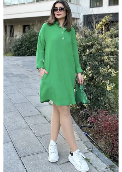 Kadın Yeşil Hakim Yaka Katlamalı Geniş Kol Midi & Oversize Kesim Salaş Müslin Elbise fırsatları