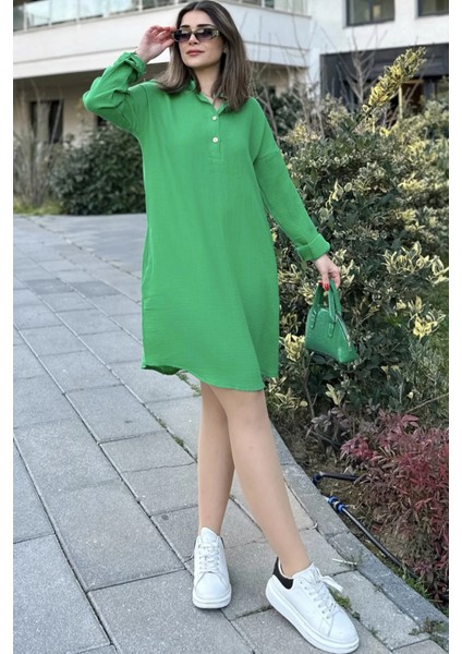 Kadın Yeşil Hakim Yaka Katlamalı Geniş Kol Midi & Oversize Kesim Salaş Müslin Elbise indirimleri