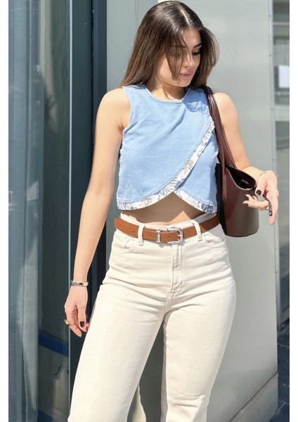 Kadın Mavi Önü Çapraz Katlı, Kolsuz, Yuvarlak Yaka, Crop Kot Bluz