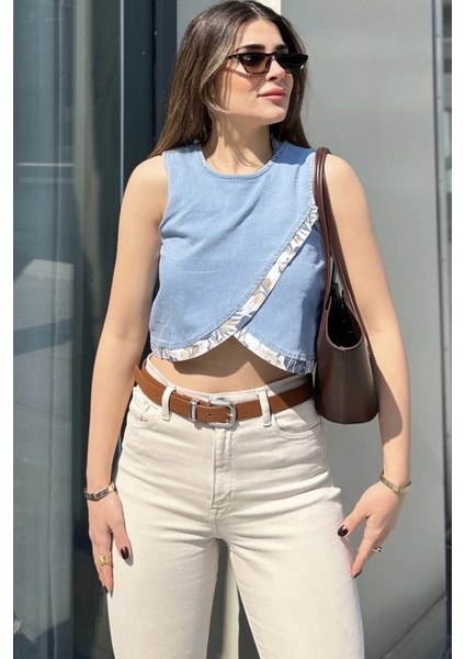 Kadın Mavi Önü Çapraz Katlı, Kolsuz, Yuvarlak Yaka, Crop Kot Bluz