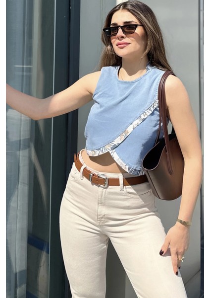 Kadın Mavi Önü Çapraz Katlı, Kolsuz, Yuvarlak Yaka, Crop Kot Bluz