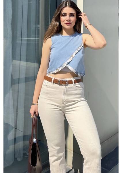 Kadın Mavi Önü Çapraz Katlı, Kolsuz, Yuvarlak Yaka, Crop Kot Bluz