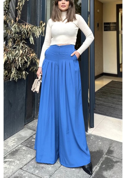 Kadın Indigo Fermuar Kapamalı, Cepli, Pileli Bol Paça Etek Pantolon fiyatları