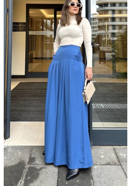 Kadın Indigo Fermuar Kapamalı, Cepli, Pileli Bol Paça Etek Pantolon modelleri