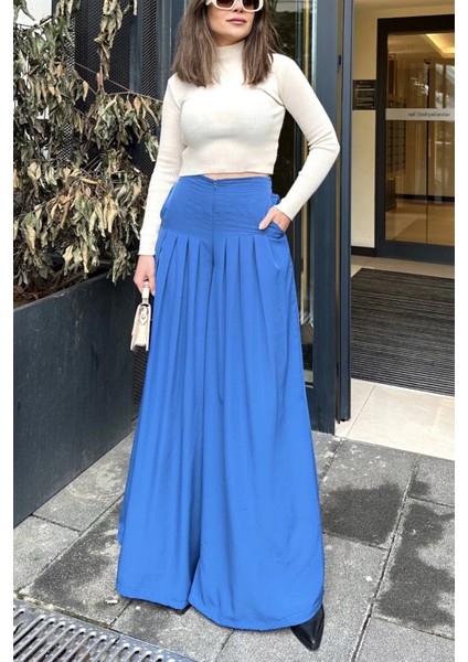 Kadın Indigo Fermuar Kapamalı, Cepli, Pileli Bol Paça Etek Pantolon fırsatları