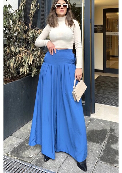 Kadın Indigo Fermuar Kapamalı, Cepli, Pileli Bol Paça Etek Pantolon indirimleri