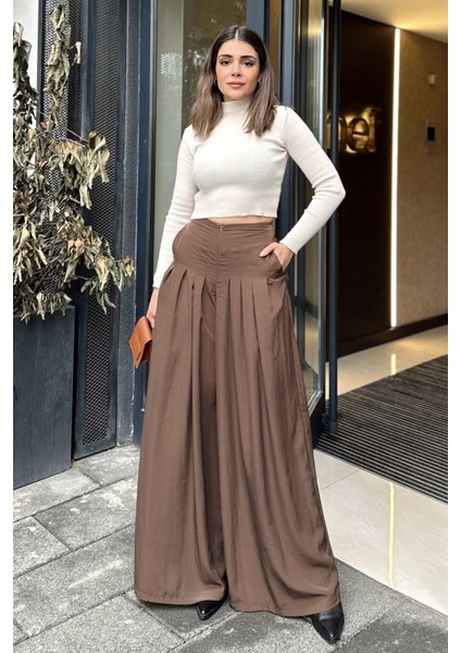 Kadın Kahve Fermuar Kapamalı, Cepli, Pileli Bol Paça Etek Pantolon fiyatları