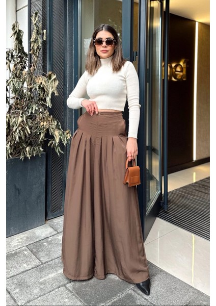 Kadın Kahve Fermuar Kapamalı, Cepli, Pileli Bol Paça Etek Pantolon modelleri