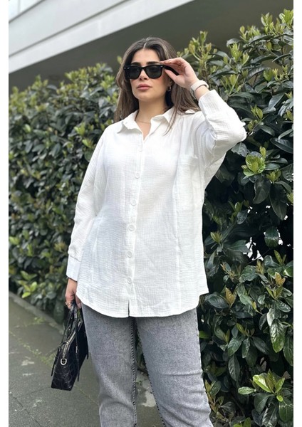 Kadın Ekru Yarasa Kol, Cep Detaylı, Salaş Müslin Gömlek