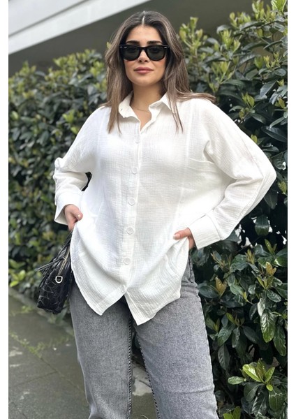 Kadın Ekru Yarasa Kol, Cep Detaylı, Salaş Müslin Gömlek fiyatları