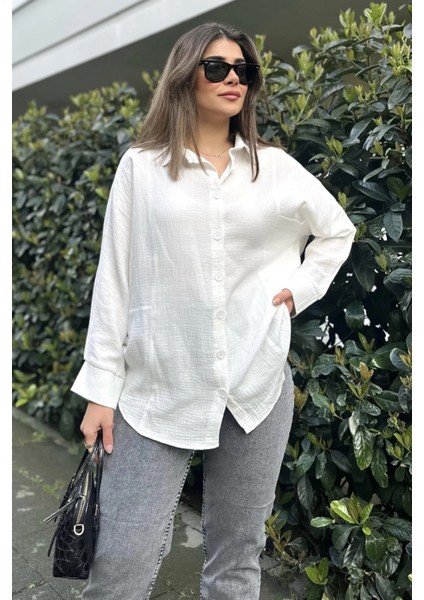 Kadın Ekru Yarasa Kol, Cep Detaylı, Salaş Müslin Gömlek modelleri